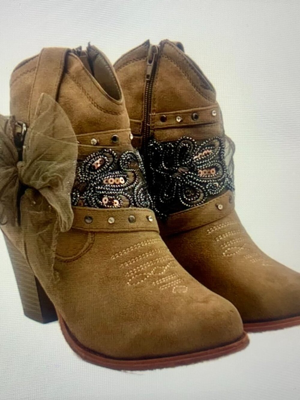 Taupe Western Inspired Bling Bootie, Boutique, Wild West Faux Suede Western Boot